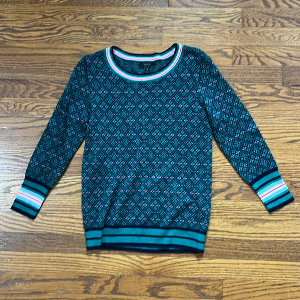SOLD J. Crew 3/4 Sleeve Green Patterned Sweater, NWOT
